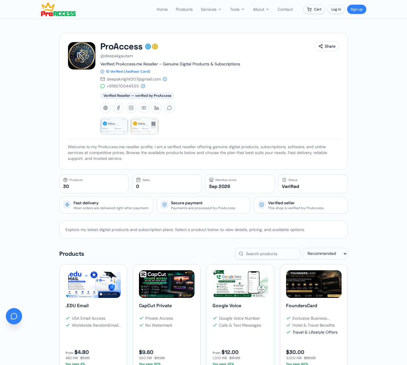 Public reseller shop page with products and verified badge