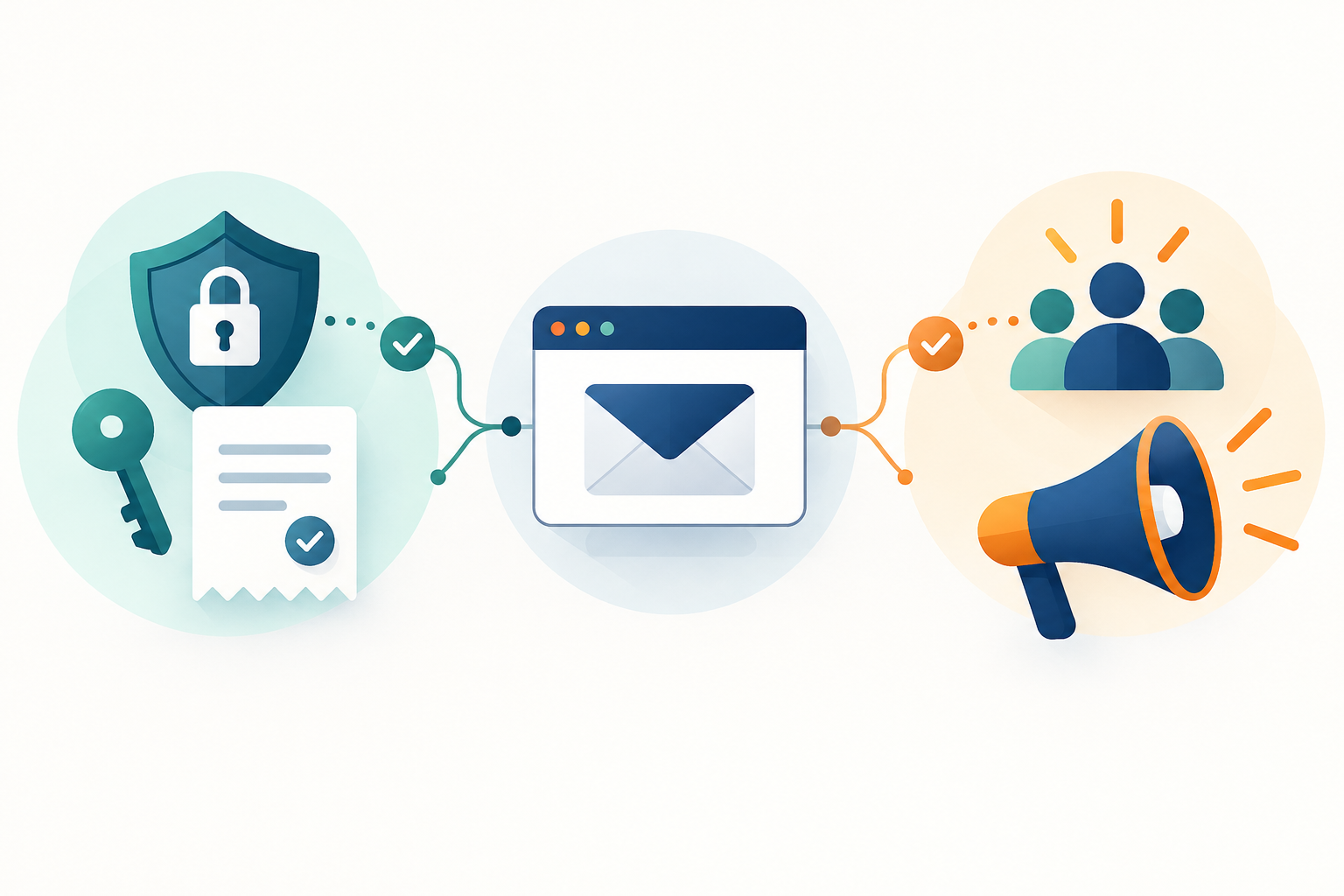 Illustration of separate transactional and marketing email pathways with security checks and audience controls.