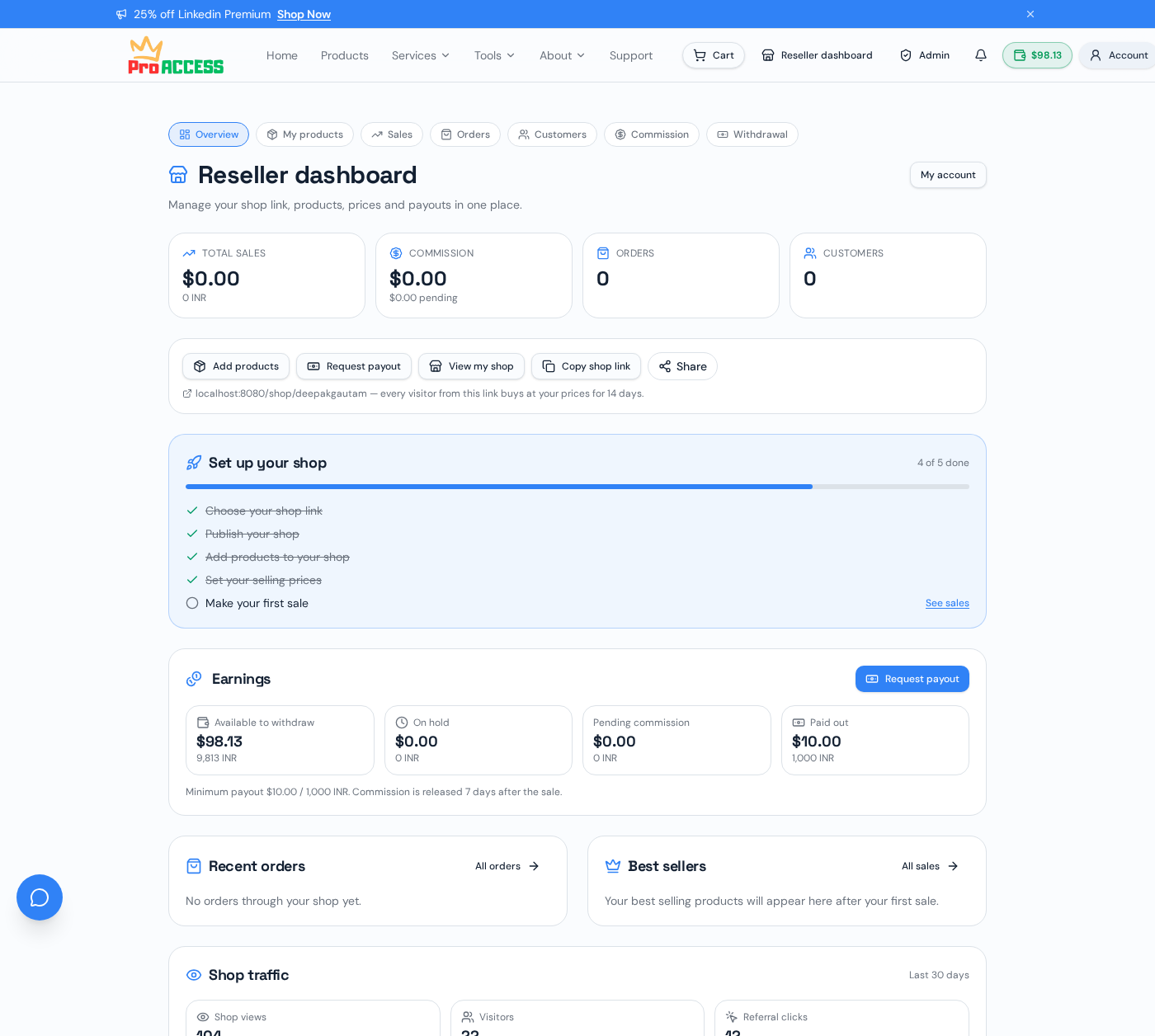 Reseller dashboard showing sales, commission and profile settings