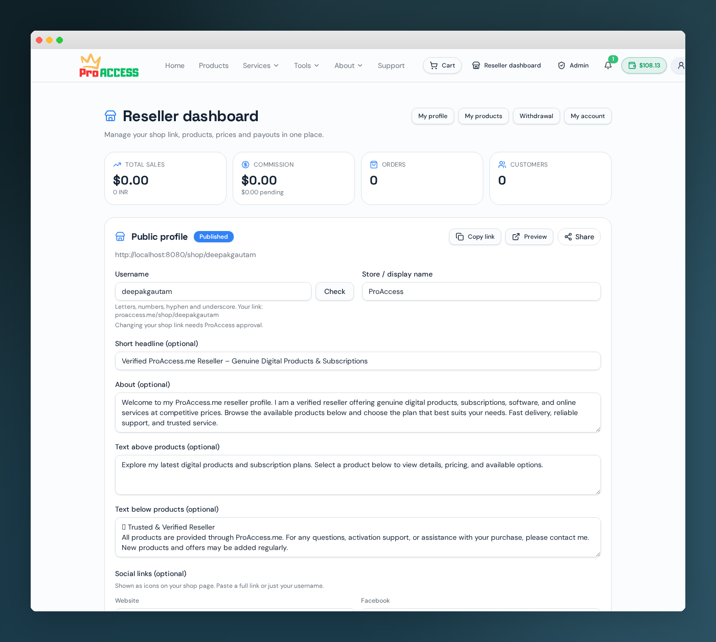 Reseller dashboard showing sales, commission and profile settings