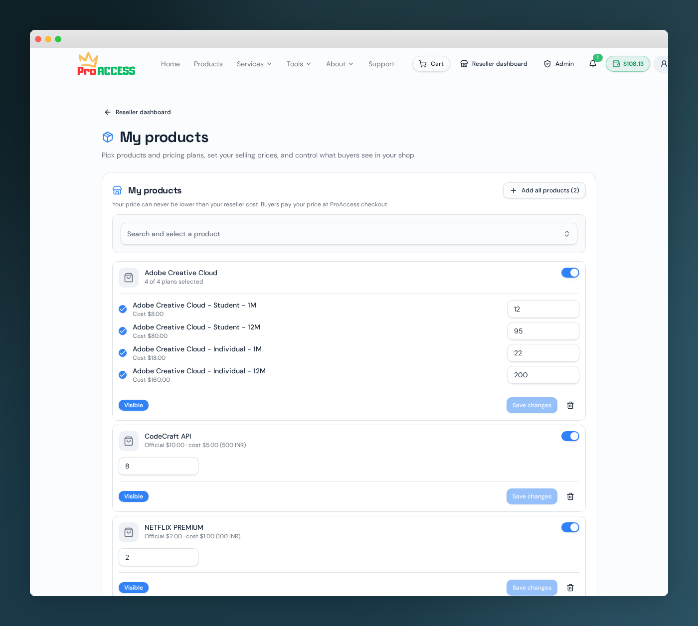 Reseller product manager showing product selection and pricing