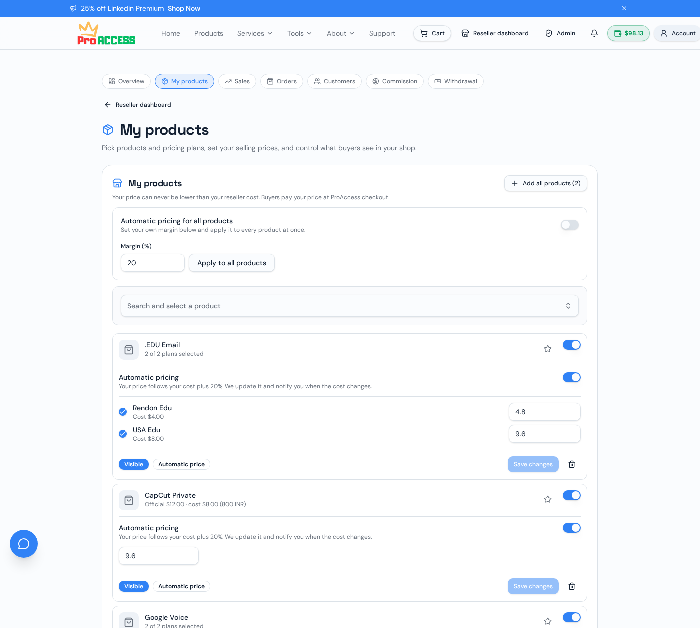 Reseller product manager showing product selection and pricing
