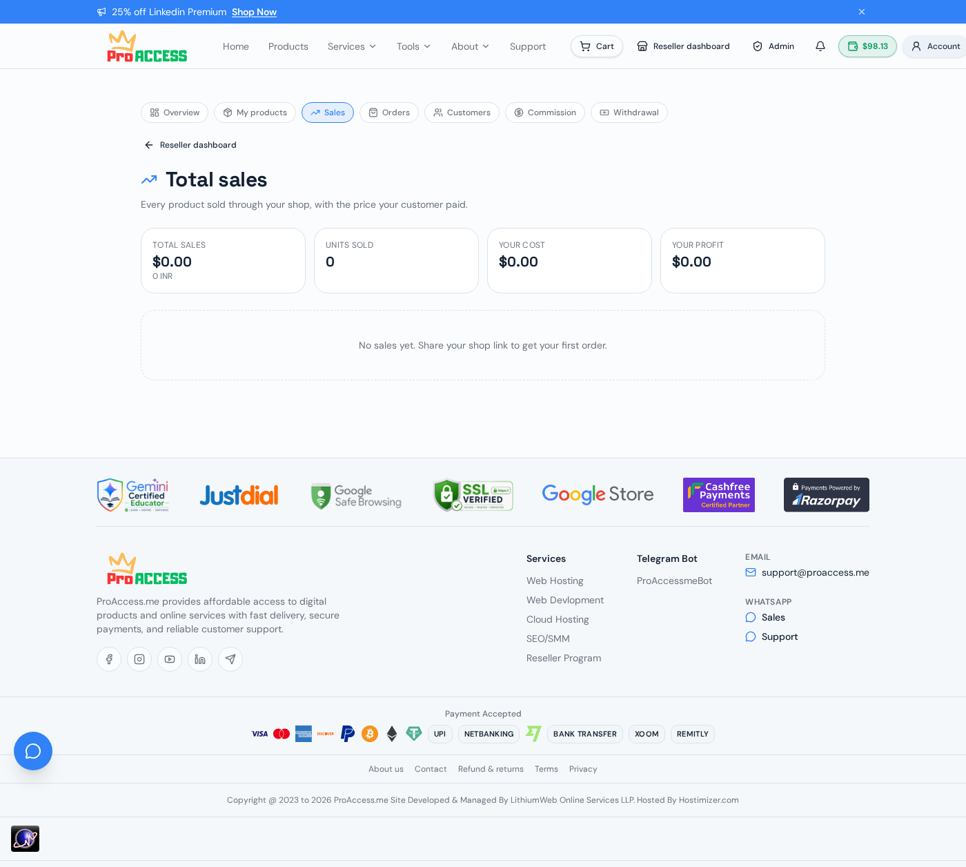 Reseller sales report showing earnings breakdown