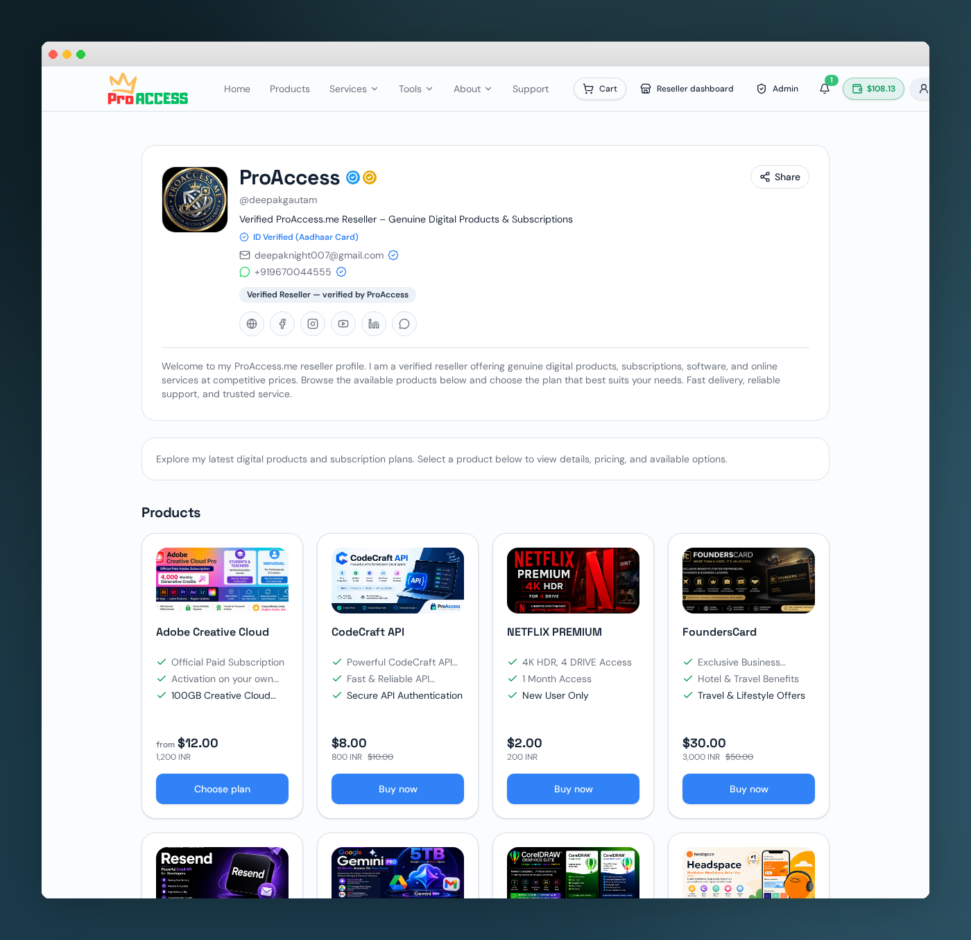 Public reseller shop page with products and verified badge
