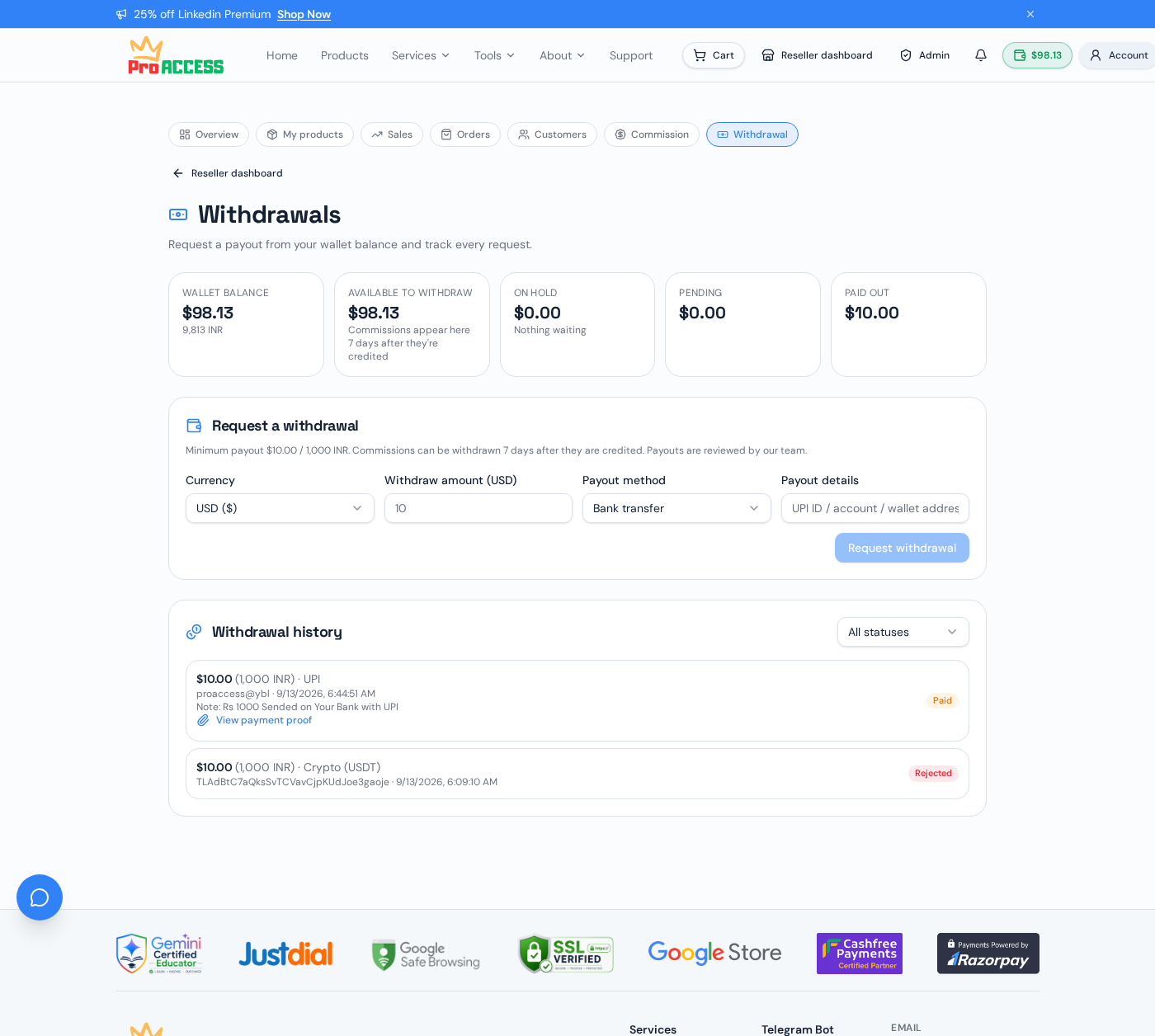 Reseller withdrawal page showing available balance and payout options