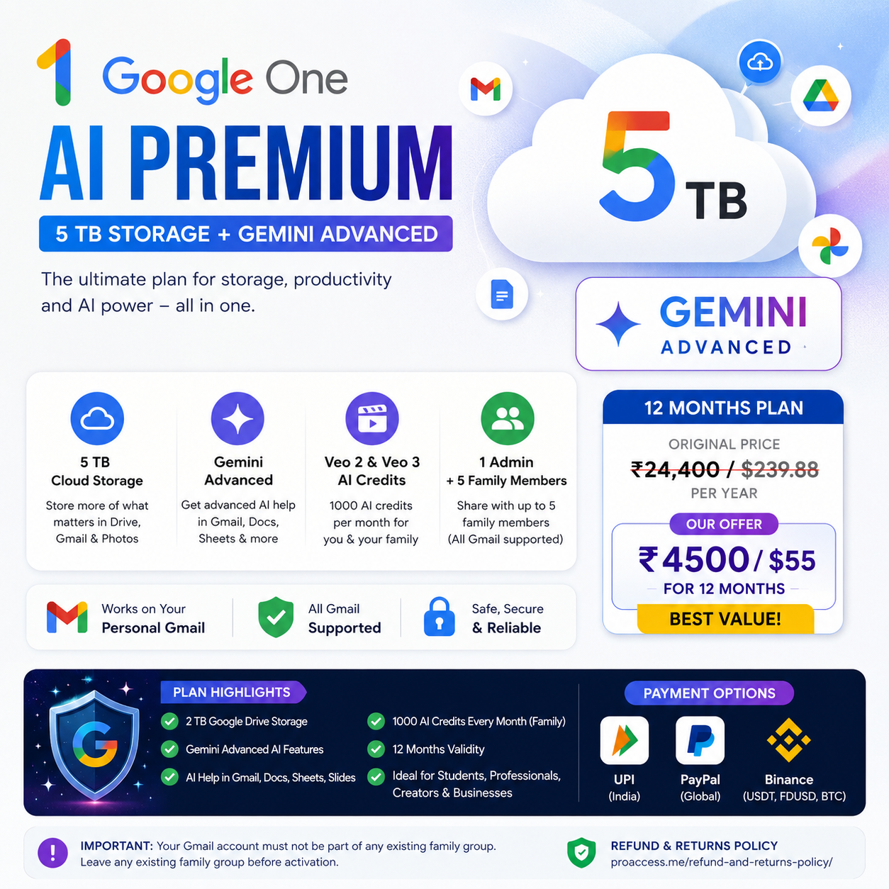 Google One AI Premium – 5 TB Storage + Gemini Advanced